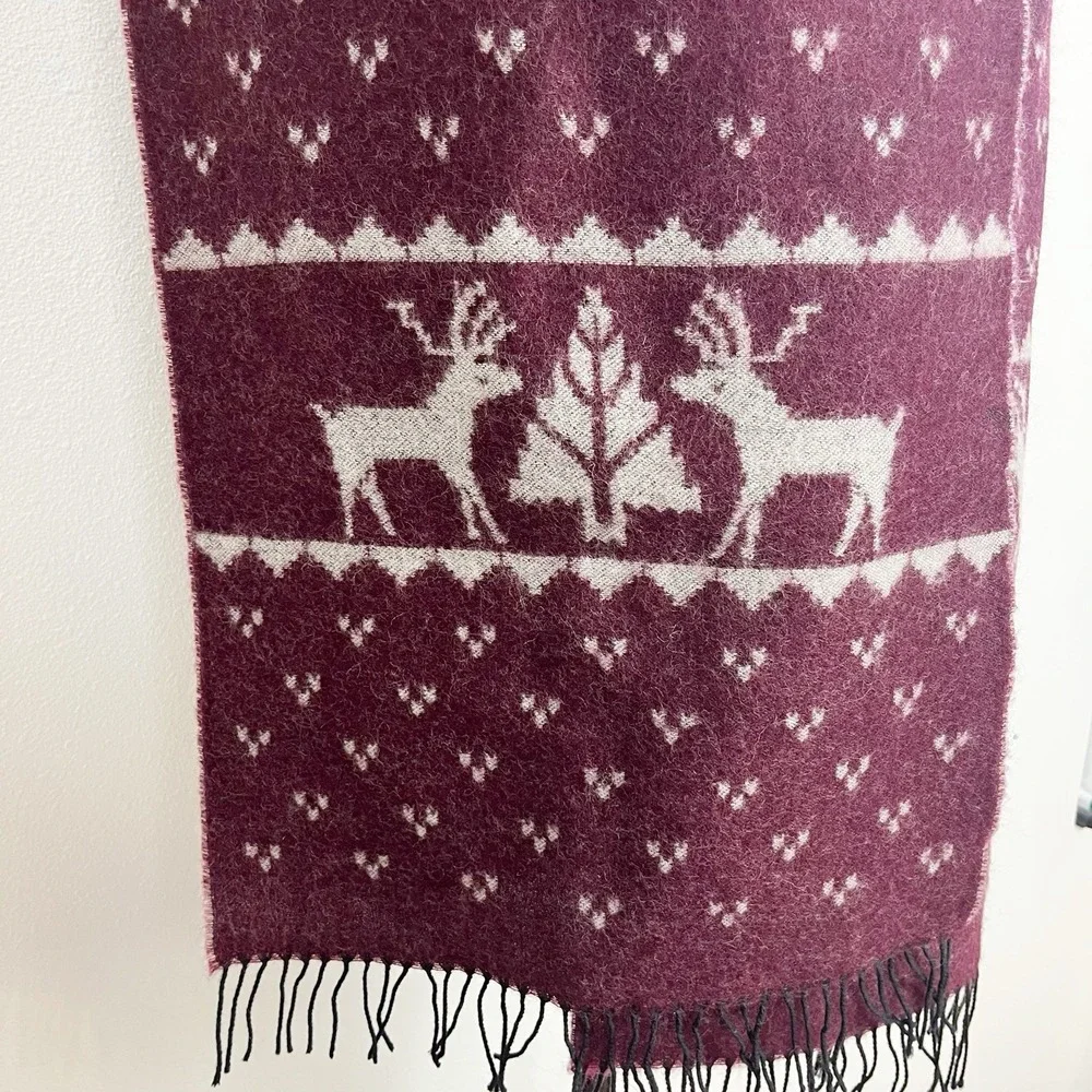 Wool Scarf Fair Isle Nordic Burgundy & Gray Winter